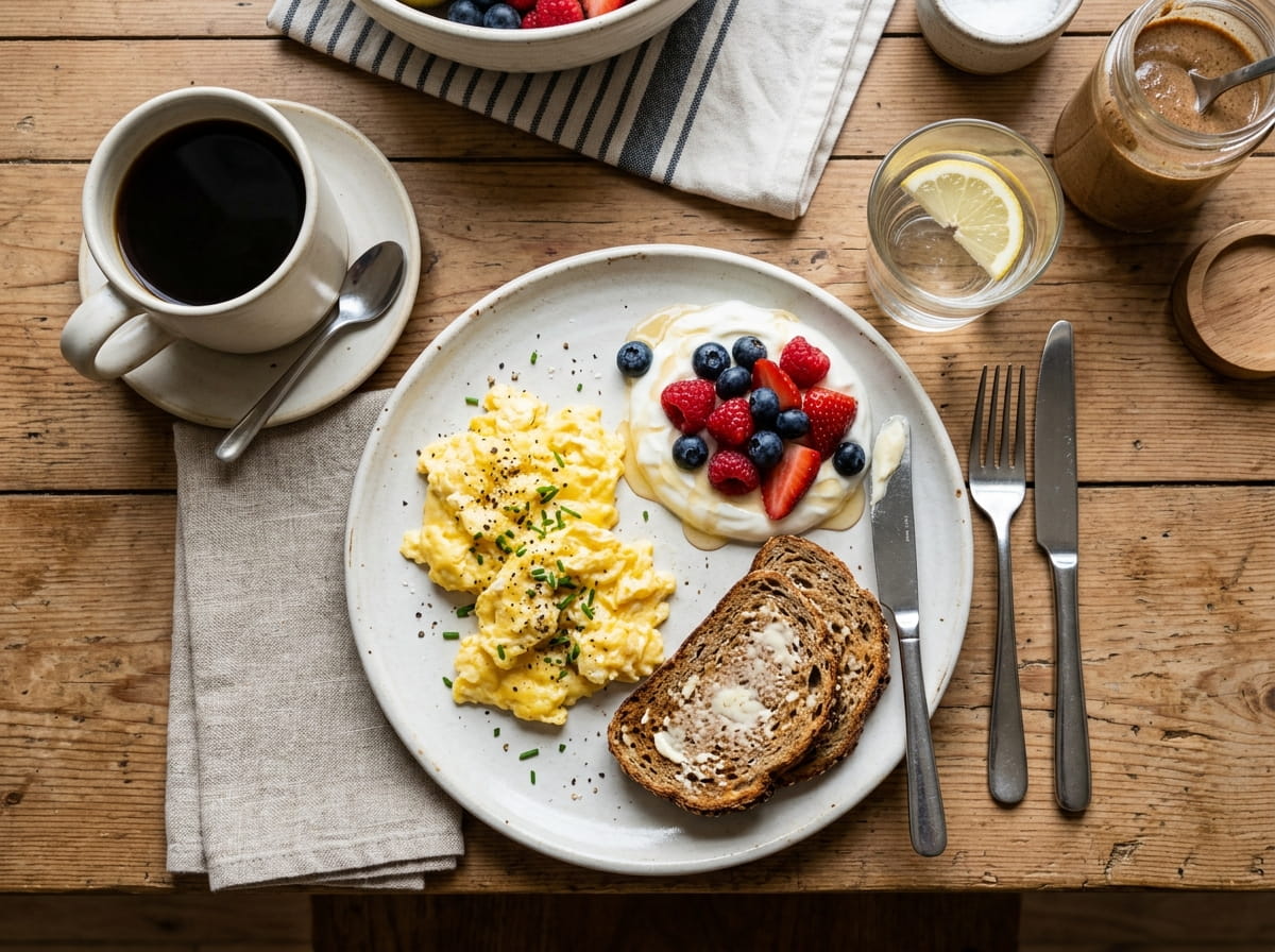 A weekday breakfast plate with eggs, Greek yogurt and berries, and whole-grain toast, shot from above on a kitchen table — an ordinary morning meal built around a real protein source rather than just toast or cereal