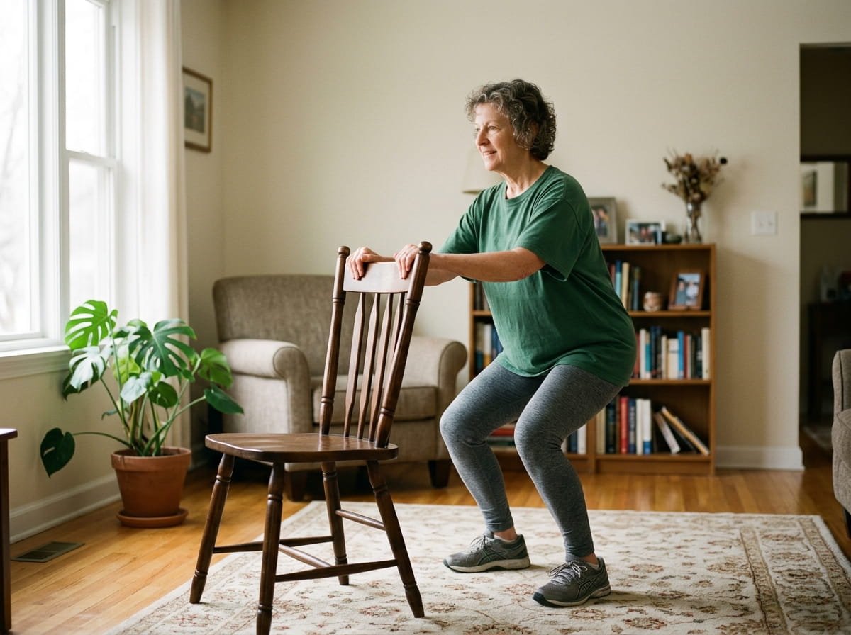 A person in their 60s doing a simple bodyweight strength exercise, like a chair-supported squat, in a bright home space — everyday strength training, not a gym setting